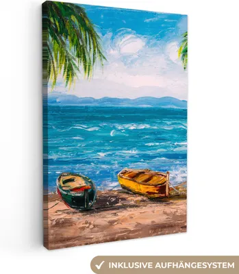 Produktbild von MuchoWow® - Leinwandbilder - Gemälde - Öl auf Leinwand - Strand - Palme - Boot, Wandbild, Wanddeko Bilder Wohnzimmer, 80x120 cm