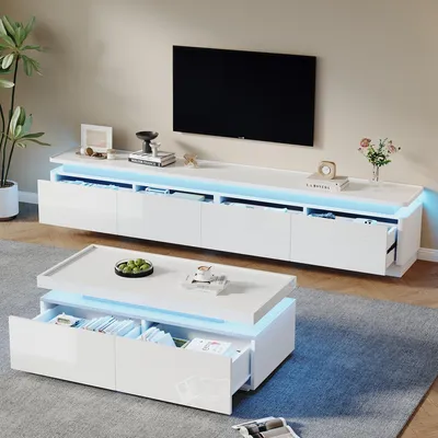 Zdjęcie produktu dla Zestaw mebli do salonu Merax z szafką TV i stolikiem kawowym, z oświetleniem LED, 4 szufladami, nowoczesny i minimalistyczny, do telewizorów do 75 cali, biały wysoki połysk