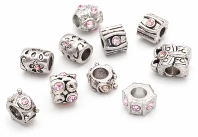 Produktbild von Vintageparts Großlochperlen Mystery Bag Silberfarben mit rosa Strass 10 Stück