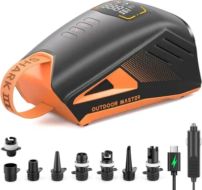Produktbild von OutdoorMaster Shark 3 Elektrische SUP Pumpe mit Akku 74Wh – 3'50" Turbo-Aufpumpen, 20 PSI Akku-Luftpumpe für 4 Boards, Auto-Off, 12V/15,8V & USB-C, Schwarz
