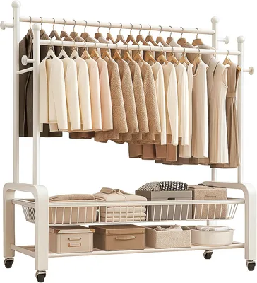 Image de Porte-vêtements sur roulettes, robuste, avec double barre de suspension, de couleur blanche, pour le rangement
