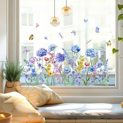 Productafbeelding van Zelfklevende raamdecoratie met bloemen, blauw, hortensia's, 60x30 cm, 1 stuk, herbruikbaar, met vlinders