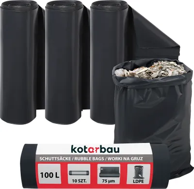 Zdjęcie produktu dla KOTARBAU® Zestaw 3 wytrzymalych worków na smieci 100 L 75µm LDPE worki na gruz bardzo wytrzymale duze worki na smieci bardzo wytrzymale duze worki na smieci bardzo wytrzymale 100 litrowe worki na smieci duze worki na smieci bardzo wytrzymale