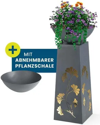 Produktbild von Hoberg LED Pflanzsäule Ginkgoblätter-Design Betonoptik Pflanzschale Abnehmbar (Ø 34cm) In/Outdoor Integrierte Beleuchtung kabellos 23 x 23 x 70 cm