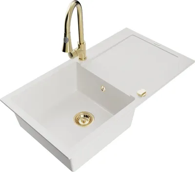 Produktbild von Mexen Leo 1 Becken-Granitspüle mit Abtropffläche und Mischbatterie Elia, Weiß - 6501-20-670101-50