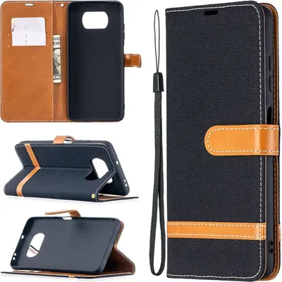 A collage of images showing a black and brown flip phone case from different angles.