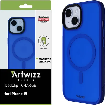 Produktbild von ARTWIZZ IcedClip +CHARGE für iPhone 15 - Stoßfeste Schutzhülle mit Ladefunktion, Transluzentem Design und Soft-Touch-Beschichtung - Blau