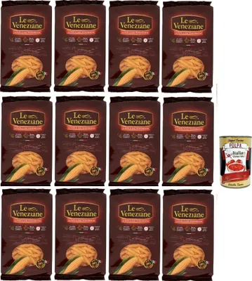 Produktbild von Le Veneziane Pasta di Mais Penne rigate, senza glutine,100% italienische Maisnudeln, glutenfrei. gluten free 12x 250g + Italian Gourmet polpa 400g