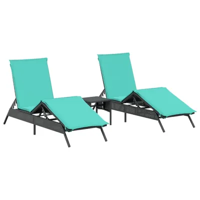 Image de vidaXL Bains de soleil 2 pcs. avec table noir Poly rotin