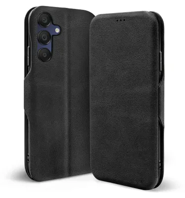 A black flip case for a smartphone is shown from two angles against a white background.