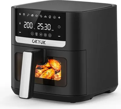Image de Friteuse à air chaud OKYUK 6 L XL, 1200 W, 8 programmes, écran tactile LED numérique, 80-200 °C, intérieur en métal, sans BPA ni PFOA, noir