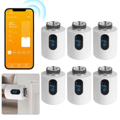 Obrázek produktu pro Eikuavons, sada 6 termostatů pro radiátory, bezdrátové (WLAN), bílé barvy, ovládání přes aplikaci (bez nutnosti brány), 7 adaptérů na jeden termostat
