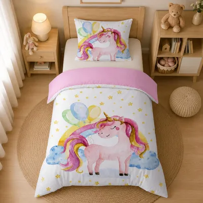 Immagine prodotto di Biancheria per culla 135x200 cm, motivo unicorno, per bambine, in microfibra. Include 1 federa 80x80 cm