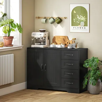 Produktbild von SUGIFT Sideboard mit 4 Schubladen und Schrank, Kommode Anrichte Buffetschrank, verstellbares Regal, Schwarz | 105 x 40 x 76 cm | 24 kg | Kippschutz