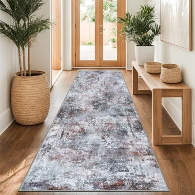 Obrázek produktu pro Elzusha - Koberec Hal Loper, 80x300 cm - Červený/Šedý, abstraktní vzor, pratelný, protiskluzový