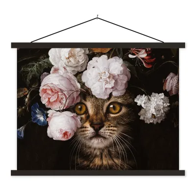 Produktbild von MuchoWow® Textilposter Katze - Blumen - Tierkopf 60x45 cm mit schwarzem Rahmen - Poster Schlafzimmer