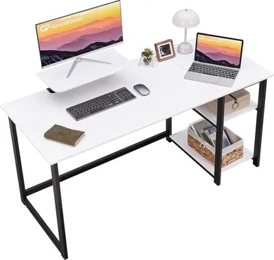 Zdjęcie produktu dla Biurko białe 140cm miejsce na monitor stojak domowe biuro