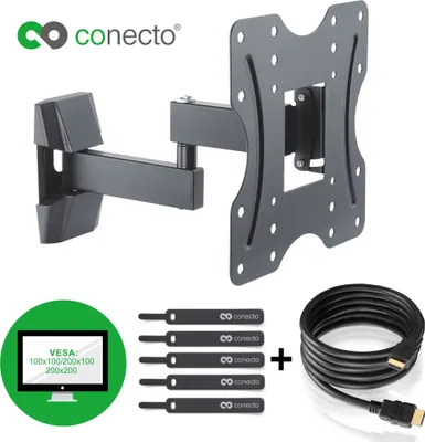 Produktbild von conecto CC50270 Wandhalterung für TV Geräte mit 58-107 cm (23-42 Zoll), neigbar: -10° bis 3°, schwenkbar: -90° bis 90°, Wandabstand: 56-300mm, Traglast: max. 20,0kg, VESA 200x200, schwarz, inkl. GRATIS HDMI-Kabel und Klett-Kabelbinder