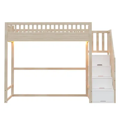 Produktbild von Flieks Etagenbett 90x200cm mit Stauraumtreppe, Kinderbett Einzelbett mit Led und Rausfallschutz, Hochbett Holzbett mit Lattenrost, Naturbelassen