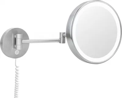 A silver LED cosmetic mirror mounted on a wall with an adjustable arm.