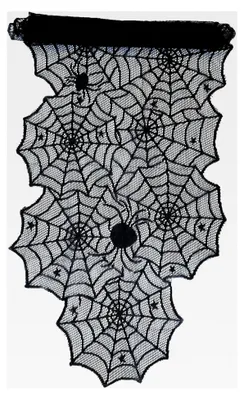 Produktbild von Tischläufer mit Spinnennetzen und Spinnen aus Spitze, Tischband, Tischdeko für Halloween, Schwarz, 45 cm breit, 1,8 m lang