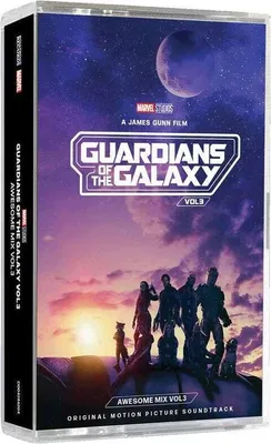 The image shows the cassette tape packaging for the Guardians of the Galaxy Vol. 3: Awesome Mix Original Motion Picture Soundtrack.