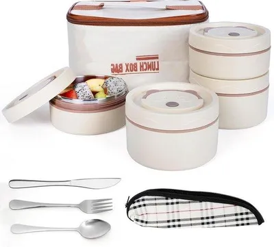 Image de Set de boîtes à lunch avec sacs isothermes et couverts - 4 boîtes à bento empilables en acier inoxydable - Set de boîtes à lunch pour adultes/étudiants - Beige.