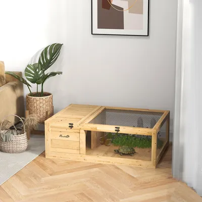 Produktbild von Sweiko Schildkrötenhaus aus Holz, Schildkrötengehege mit Haupthäusern, aufklappbare Oberseite, 91 x 60,5 x 32 cm, Gelb