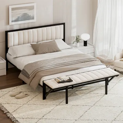Produktbild von AIORBER Polsterbett, 160x200 cm, mit klappbarem Fußhocker, großer Stauraum, Velours, weich und bequem, Doppelbett, Eisenbettgestell, stabil, Beige