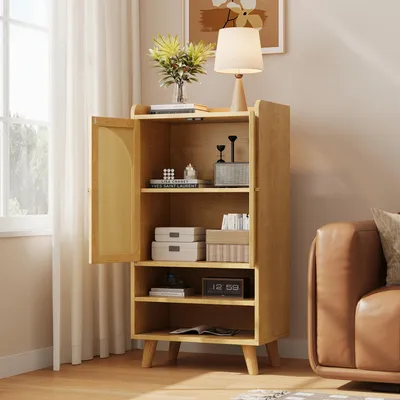 Produktbild von STILVORA Sideboard mit 2 Rattantüren und 2 offenen Fächern und Stauraum, Highboard mit Holzbeinen und Aufbewahrung, Mehrzweckschrank für Flur Wohnzimmer Küche Holzoptik
