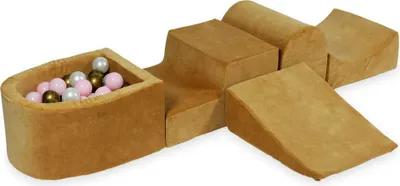 Produktbild von Schaumstoff-Spielset mit Hügel und Mikro-Bällepool – samtig weicher Karamell mit Bällebadbällen 100 Stück / Altgold, Hellrosa, Perlmutt