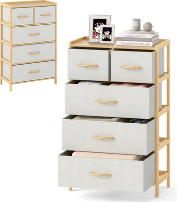 Produktbild von KOMFOTTEU Kommode mit 5 faltbaren Schubladen aus Stoff, Schubladenschrank mit Bambusrahmen und Kippschutz, vertikaler Aufbewahrungsschrank für Schlafzimmer, Wohnzimmer, Büro, 58 x 30 x 94 cm