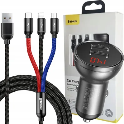 Obrázek produktu pro Baseus nabíječka do auta 2x USB 4,8A 24W s LCD + 3v1 USB - USB Type C / micro USB / Lightning kabel 1,2m černý (TZCCBX-0G)