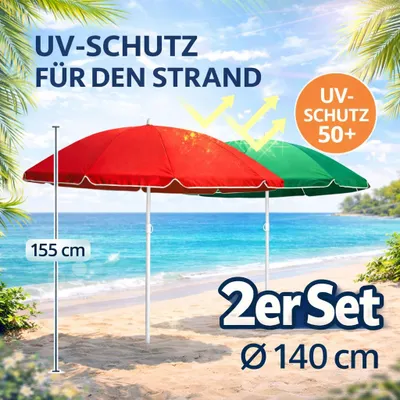 Produktbild von 2x Sonnenschirm Strandschirm Garten Balkon Strand Schirm UV-Schutz Rot + Grün