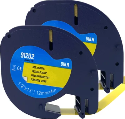 Produktbild von DULA – Dymo LetraTag 91202 Etiketten – Schwarz auf Gelb – 12 mm x 4 m – 2 Stück
