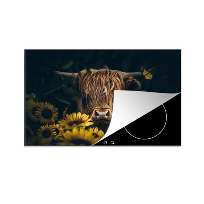 Produktbild von KitchenYeah© Herdabdeckplatte Schottische Highlander - Blumen - Kuh - Botanisch - Tiere , 80x52cm, Küche Deko, Glaskeramikkochfeld Herdabdeckung, Abdeckplatte fùr Kochfeld