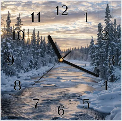 Produktbild von Wanduhr aus Glas mit Motiv Winterflusswald- 30 x 30 cm - inkl. Aufhängesystem