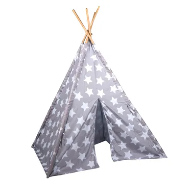 Produktbild von Tipi-Zelt für Mädchen und Jungen, -Zelt fürs Kinderzimmer, Spielecken, für kleine Wild-West-Fans, leichter Aufbau, Holz, Polyester, ca. 120 x 120 x 150 cm, grau
