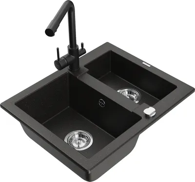 Produktbild von Mexen Carlos 1,5-Becken-Granitspüle mit Mischbatterie Duero, Schwarz/Gold metallisch - 6518-75-671600-70