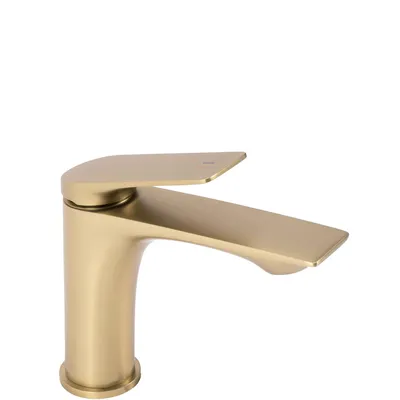 A close-up studio shot of a gold-colored faucet against a white background.