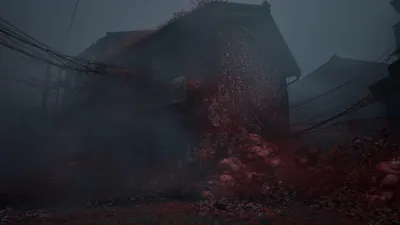 A dark, foggy scene with a building covered in red, organic-looking growth.