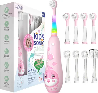 Produktbild von Elektrische Kinderzahnbürste 0–6 Jahre mit LED Licht, Smart Timer, USB aufladbar, 8 weiche Bürstenköpfe & IPX7 wasserdicht