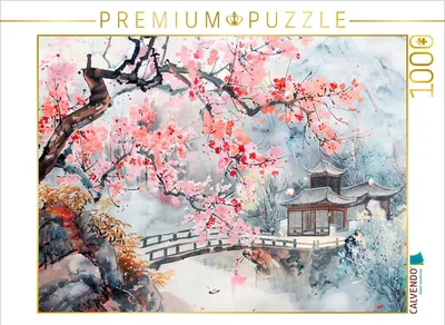 Produktbild von CALVENDO Puzzle Chinesischer Tempel zur Kirschblüte als Tuschezeichnung | 1000 Teile Lege-Größe 64x48cm Foto-Puzzle für glückliche Stunden