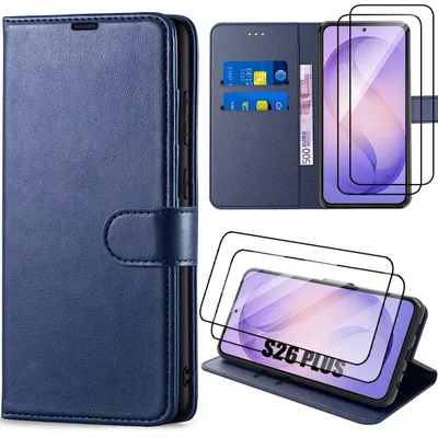 Image de Coque + 2 Verres Trempés pour Samsung Galaxy S26 Plus, Protection Anti-Rayures Antichoc Cuir Synthétique Bleu Marine