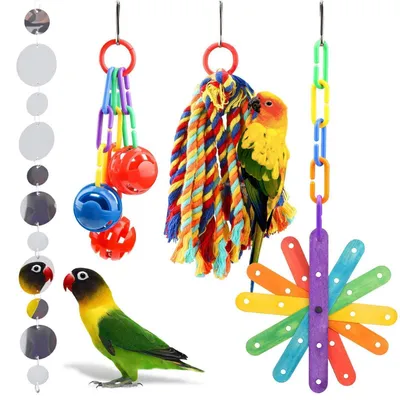 Produktbild von Vogelspielzeug 4 Stück buntes Kauspielzeug für Wellensittiche und kleine Vögel aus Holz und Seil mit Metallhaken