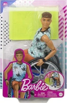 Produktbild von Mattel HJT59 Barbie Fashionista, Ken im Rollstuhl mit braunen Haaren, blaues Shirt mit Palmen, orange Shorts, Barbie-Rollstuhl und Rampe