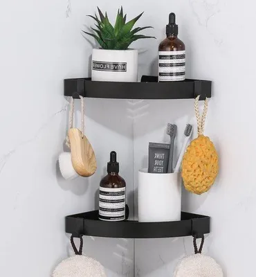 Produktbild von Famanu Badregal Eckablage ohne Bohren - Wandmontage Aufbewahrung mit Haken - Schwarz - 2er Set