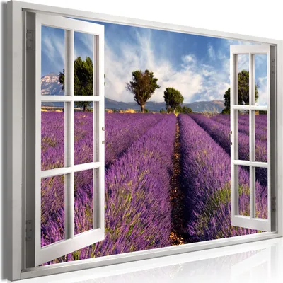 Produktbild von Modernes Wandbild Fensterblick 90x60 - 1 Teile Bilder Fotografie auf Vlies Leinwand Foto Bild Dekoration Wand Bilder Kunstdruck Landschaft Lavendel c-C-0370-b-a