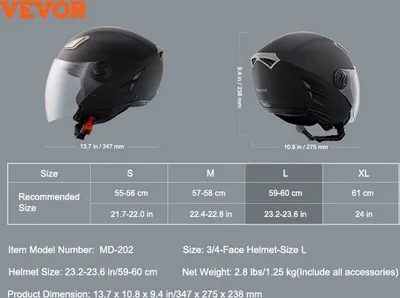 Immagine prodotto di casco moto 3/4, design leggero, sicurezza certificata E-Mark, L