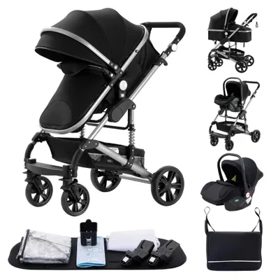 Image de Poussette 3-en-1 - Modèle 739 - Pour nouveau-nés - Pliable - Compatible avec siège auto - Capacité de charge supérieure à 20 kg - Entièrement noire